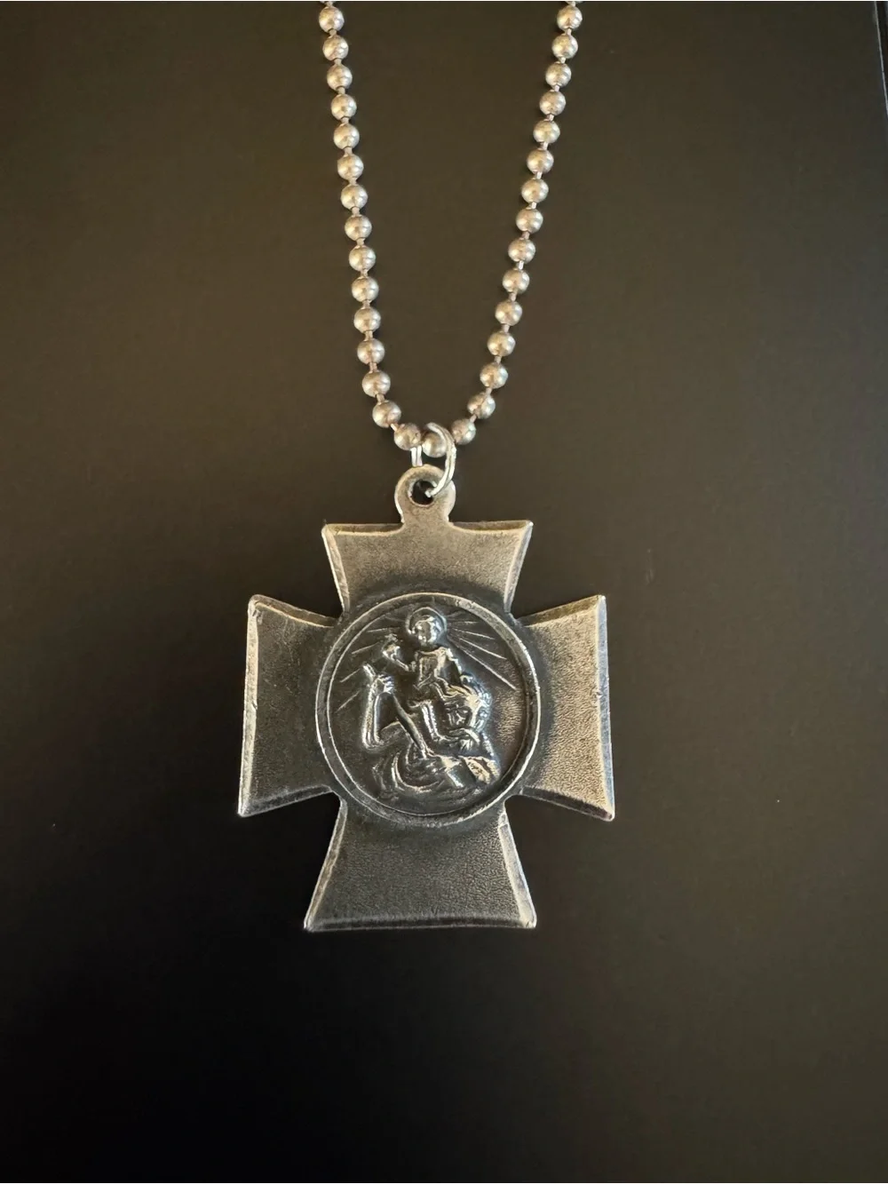 Vintage Sterling St Christopher Surfer Cross Pendant Necklace - 24”